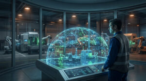 Un homme gère un système holographique de cybersécurité OT, protégeant un réseau industriel visible en arrière-plan.