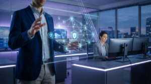 Homme interagit avec un réseau holographique de sécurité (cadenas, boucliers) en bureau. Femme travaille sur PC.