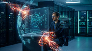 Un expert en cybersécurité analyse des données sur un écran holographique, entouré de boucliers virtuels et de faisceaux lumineux, dans un centre de données.
