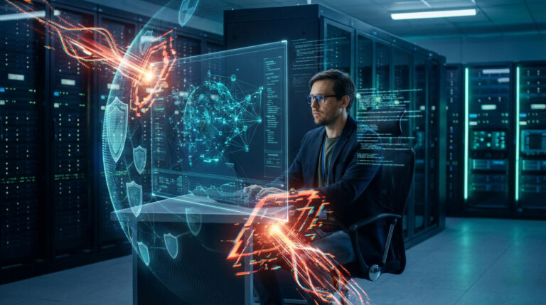 Un expert en cybersécurité analyse des données sur un écran holographique, entouré de boucliers virtuels et de faisceaux lumineux, dans un centre de données.