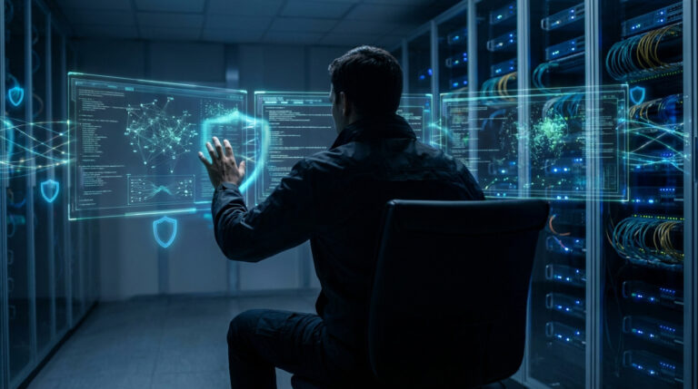 Homme en salle serveur interagit avec interfaces holographiques affichant code, réseaux et icônes de sécurité.