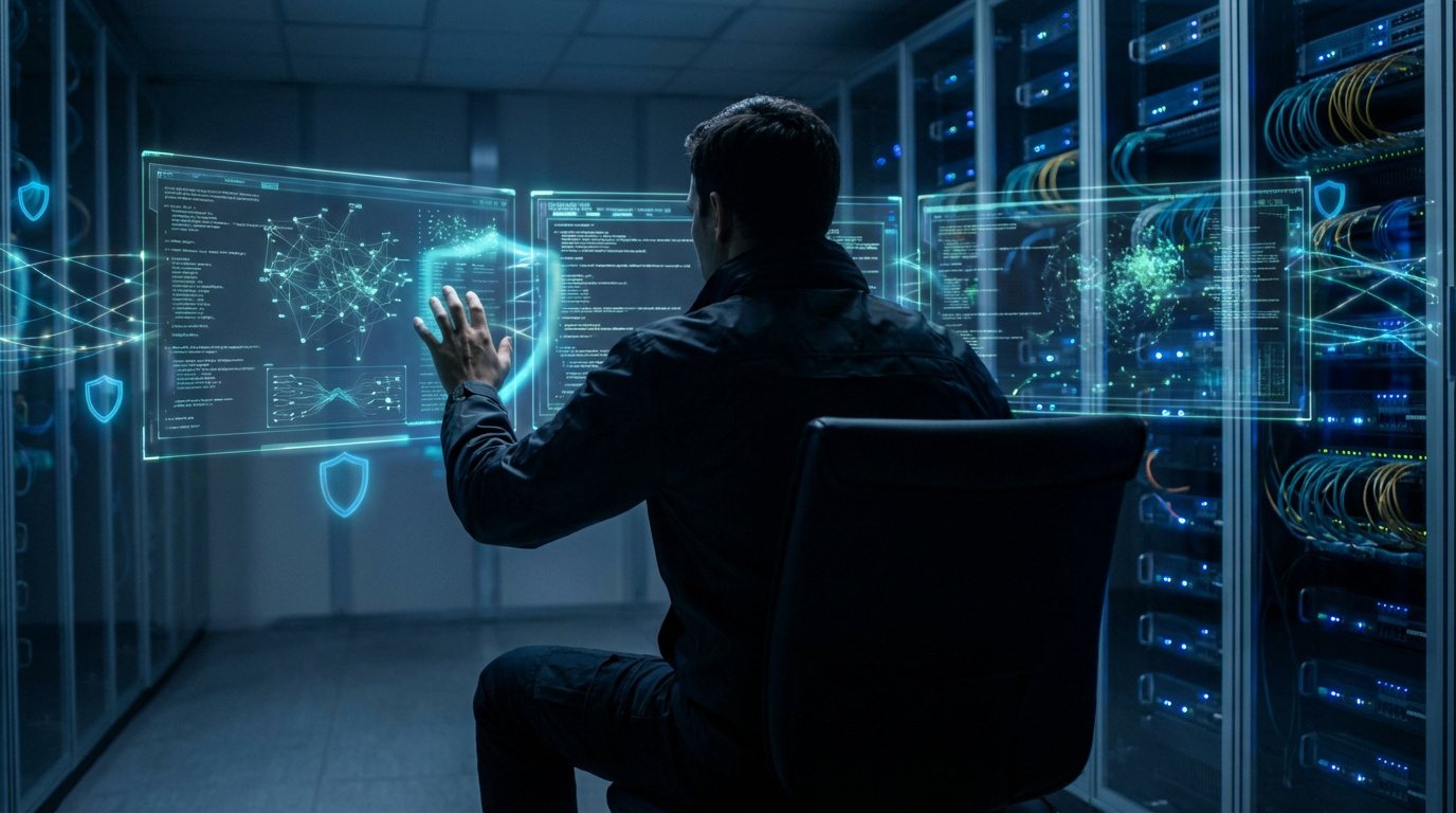Homme en salle serveur interagit avec interfaces holographiques affichant code, réseaux et icônes de sécurité.