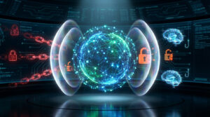 Représentation numérique de la cybersécurité : un globe central protégé par des boucliers, face à des menaces (chaînes, serrures).
