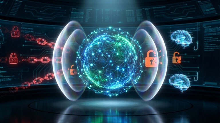 Représentation numérique de la cybersécurité : un globe central protégé par des boucliers, face à des menaces (chaînes, serrures).