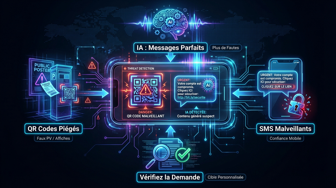 Illustration des dangers du quishing et du smishing via smartphone