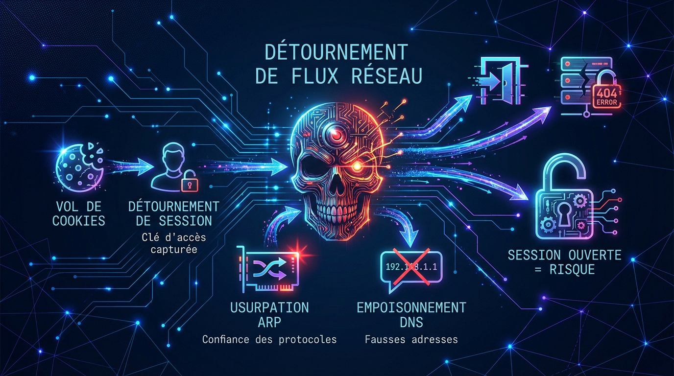 Schéma technique d'un détournement de flux réseau et interception de données