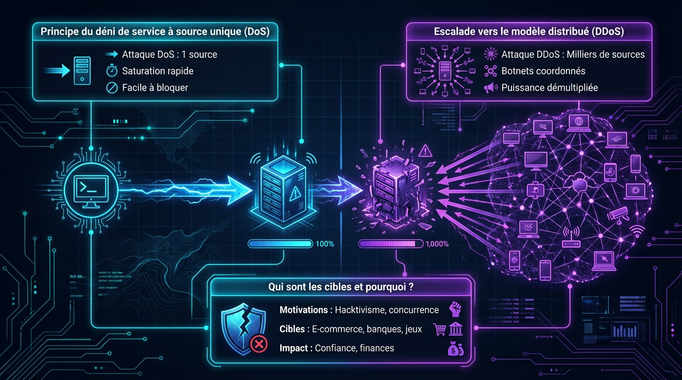 Comparaison visuelle entre une attaque DoS à source unique et une attaque DDoS distribuée via botnet