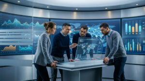 Quatre professionnels analysent des données sur des écrans futuristes pour un plan de continuité d'activité.