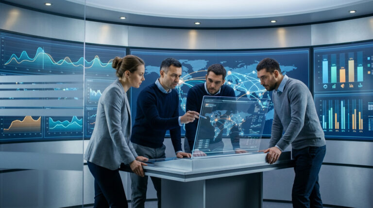 Quatre professionnels analysent des données sur des écrans futuristes pour un plan de continuité d'activité.
