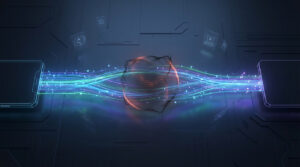 Illustration numérique de flux de données lumineux entre deux appareils, interceptés par une sphère sombre contenant du code binaire, symbolisant une attaque homme du milieu.