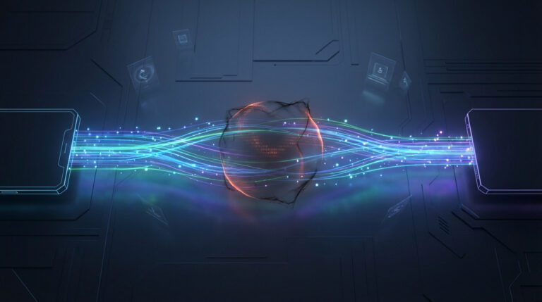 Illustration numérique de flux de données lumineux entre deux appareils, interceptés par une sphère sombre contenant du code binaire, symbolisant une attaque homme du milieu.