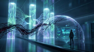 Un individu observe des données protégées par un bouclier numérique contre une cybermenace agressive dans un centre de données futuriste.