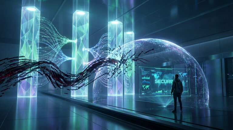 Un individu observe des données protégées par un bouclier numérique contre une cybermenace agressive dans un centre de données futuriste.