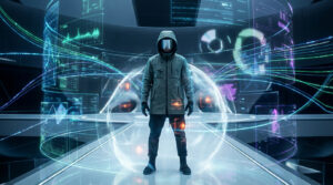 Un expert en cybersécurité encapuchonné dans un environnement futuriste avec des écrans de données et des flux lumineux.