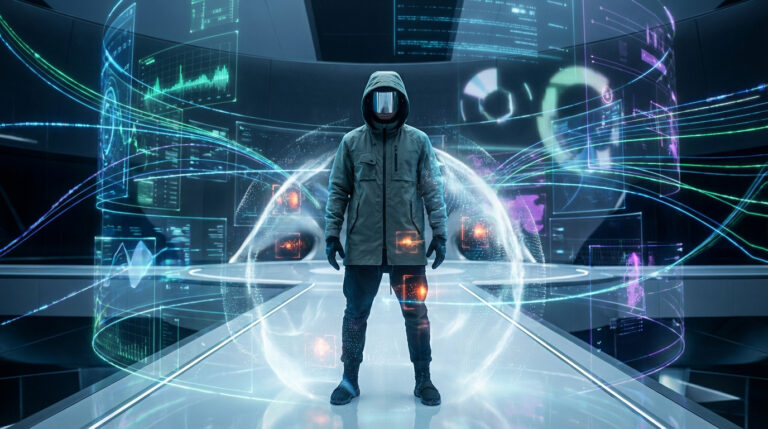 Un expert en cybersécurité encapuchonné dans un environnement futuriste avec des écrans de données et des flux lumineux.
