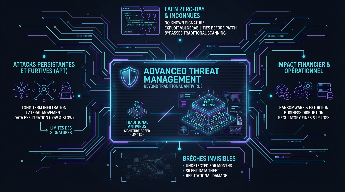 Interface de cybersécurité montrant la gestion des menaces avancées