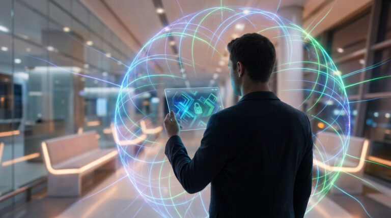 Un homme en costume tient une tablette transparente affichant un cadenas et des symboles de cybersécurité, devant une sphère réseau lumineuse.