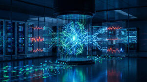 Vue futuriste d'un centre de données avec une IA centrale traitant des données. Des écrans affichent des graphiques de détection d'anomalies réseau.