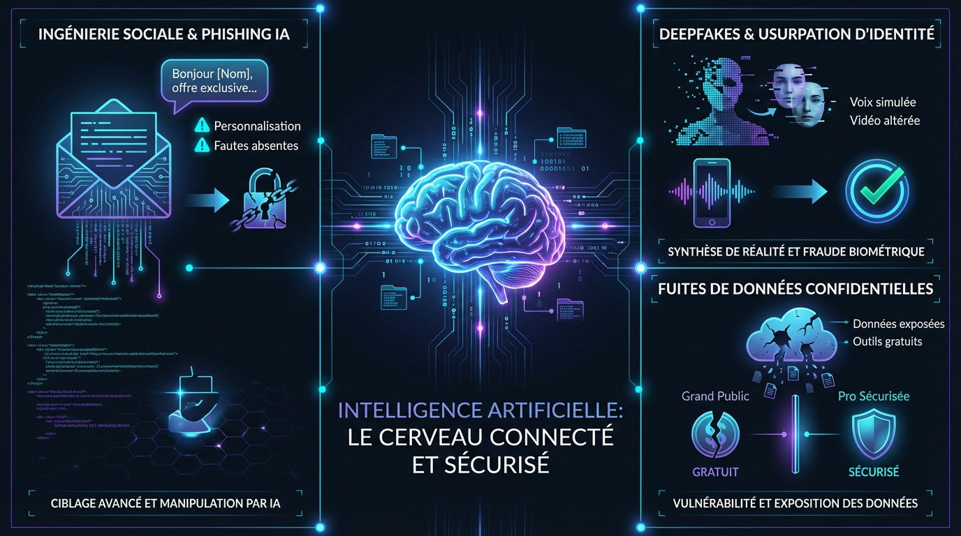 Interface technologique illustrant l'intelligence artificielle et la sécurité informatique