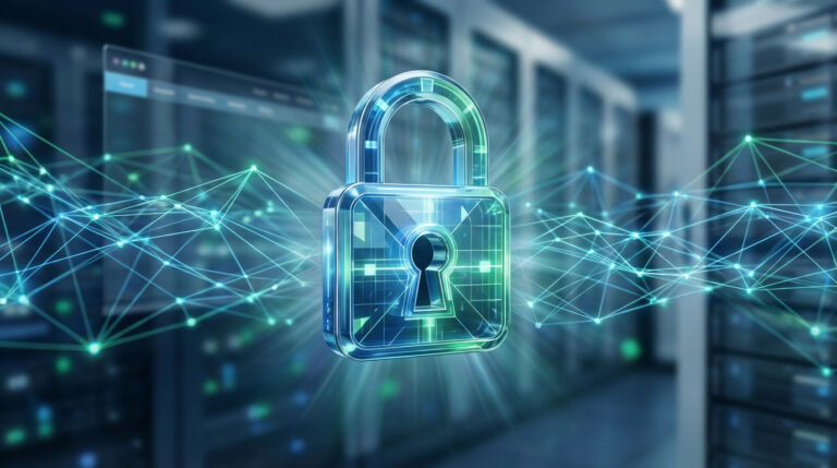 Un cadenas numérique lumineux au centre, symbolisant la sécurité SSL, avec un réseau de lignes et de points sur un fond de datacenter flou.