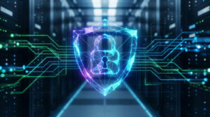 Bouclier numérique lumineux avec cadenas au centre, symbolisant la cybersécurité. En arrière-plan, un datacenter avec des lignes de circuit.