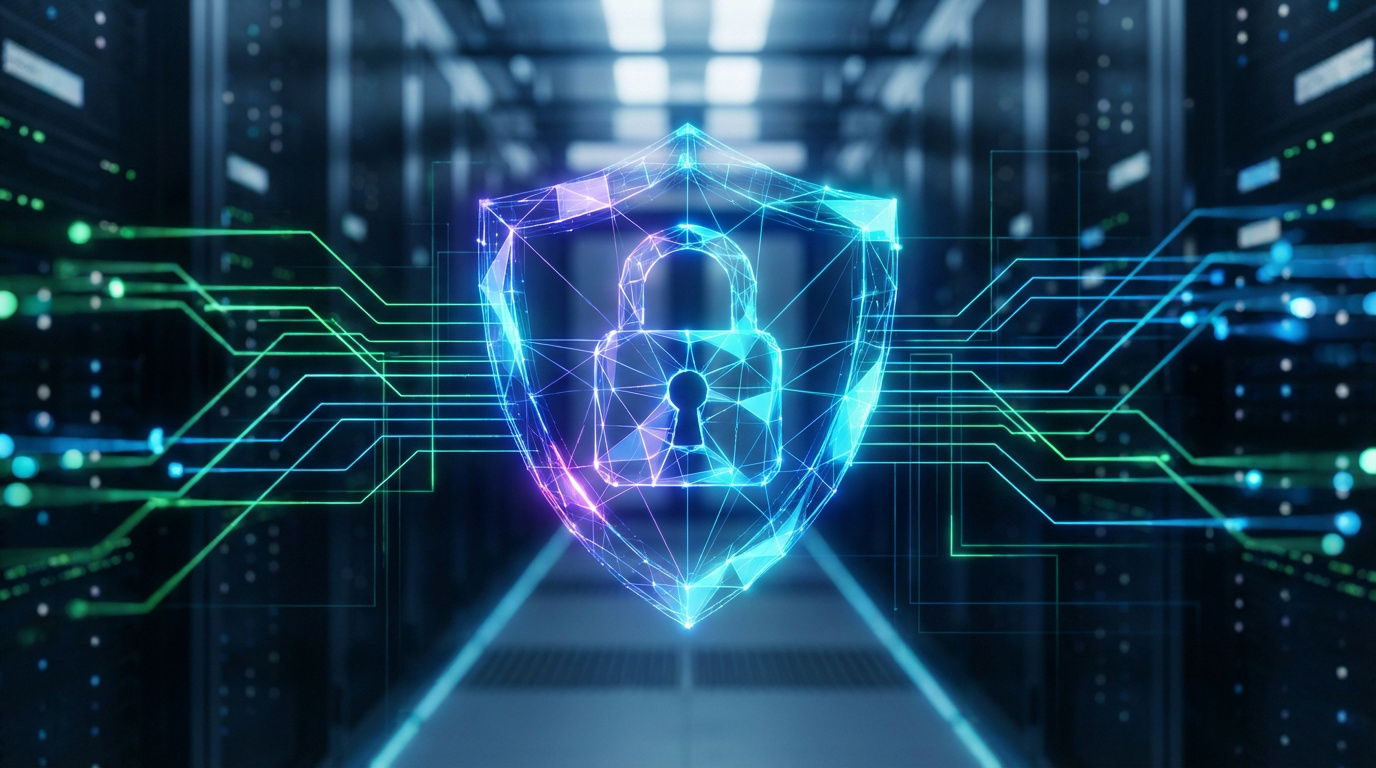 Bouclier numérique lumineux avec cadenas au centre, symbolisant la cybersécurité. En arrière-plan, un datacenter avec des lignes de circuit.
