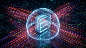 Illustration 3D d'un serveur rack protégé par un bouclier énergétique transparent, recevant de nombreux flux de données lumineux représentant une attaque DDoS.