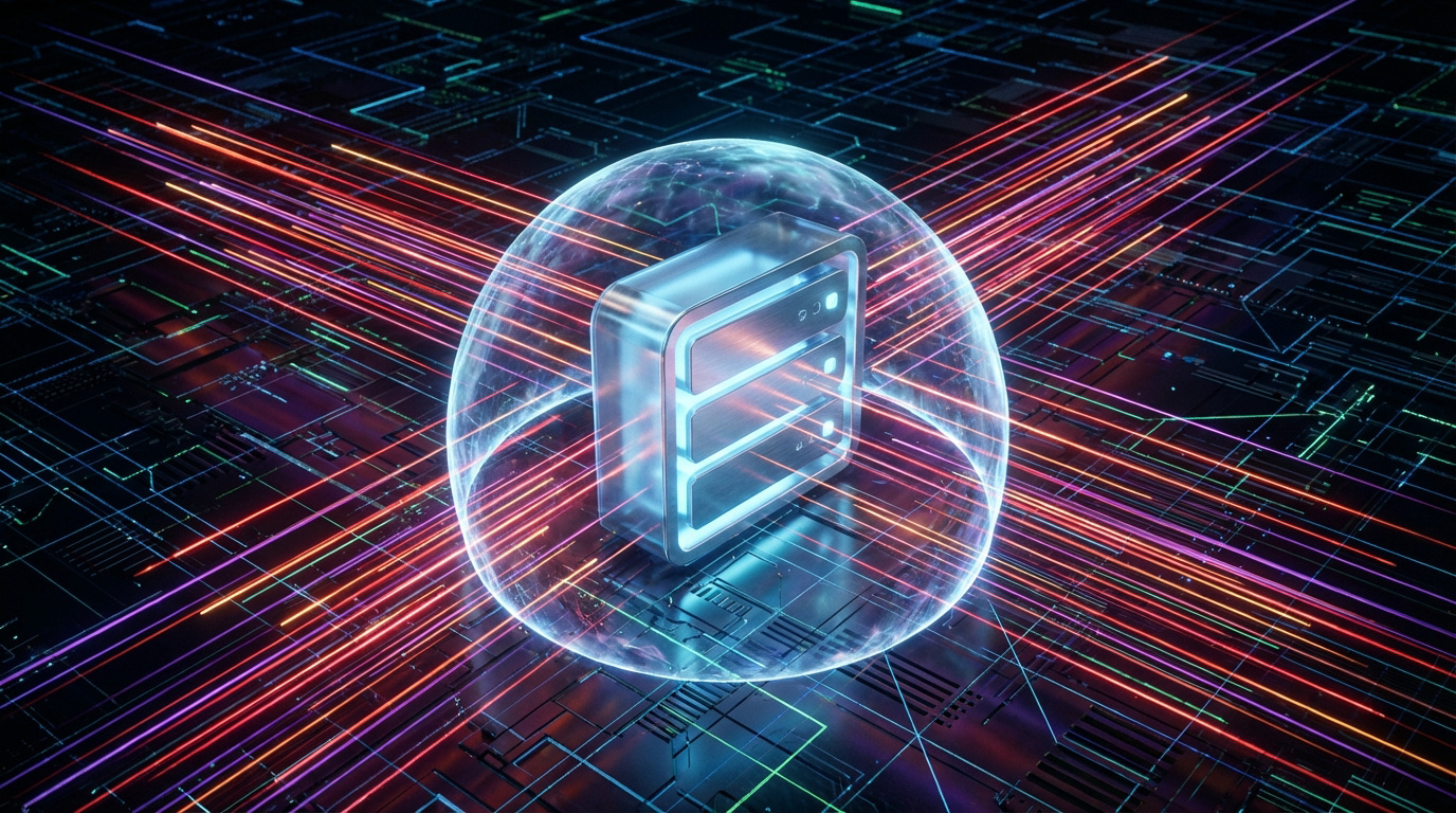 Illustration 3D d'un serveur rack protégé par un bouclier énergétique transparent, recevant de nombreux flux de données lumineux représentant une attaque DDoS.