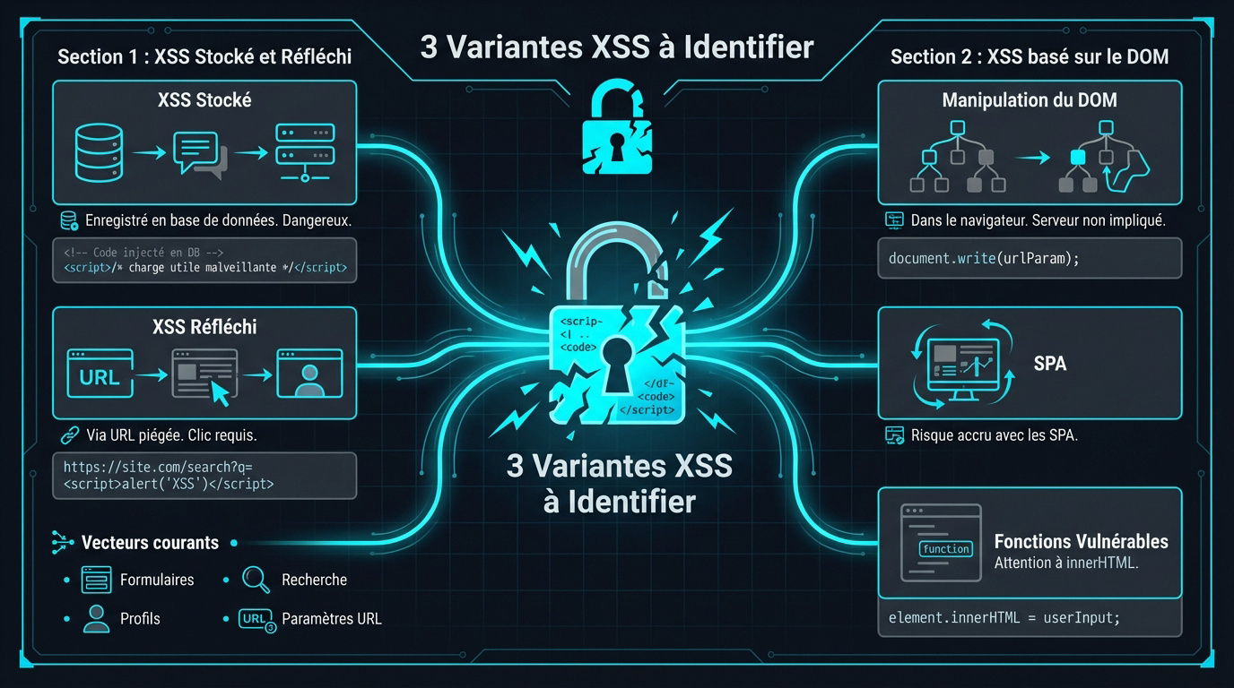 Infographie présentant les trois types d'attaques Cross-site scripting XSS : stocké, réfléchi et DOM-based