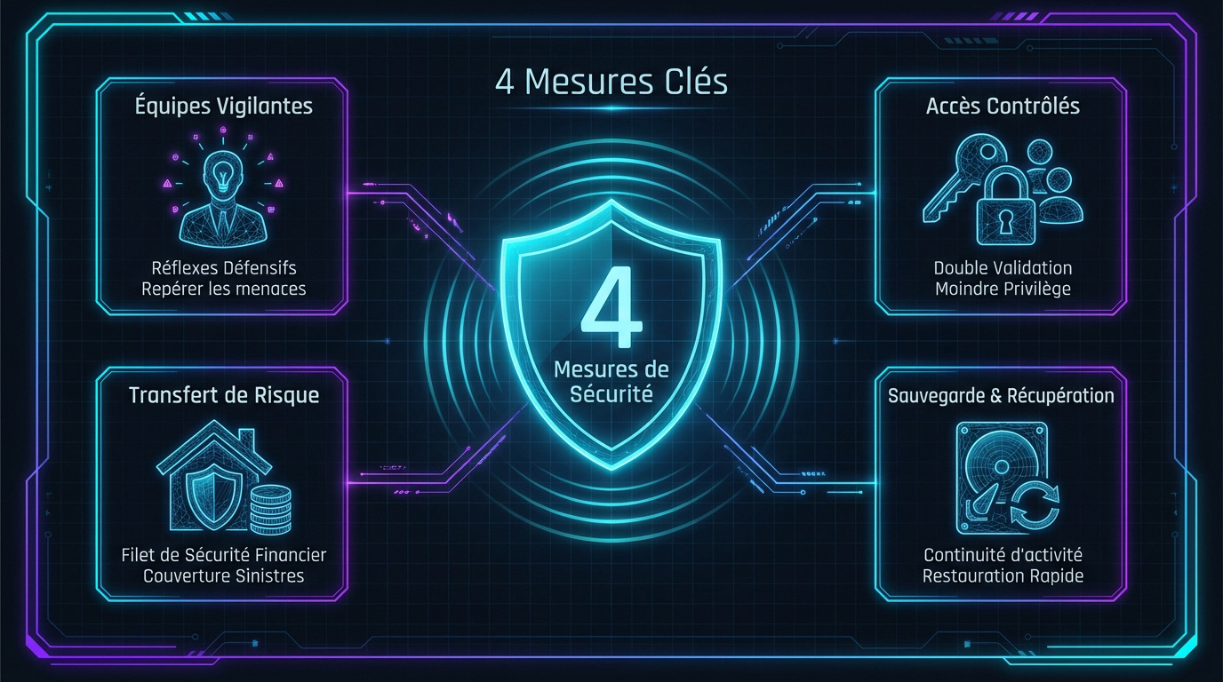 Infographie présentant les 4 mesures clés de sécurité cyber pour protéger une entreprise