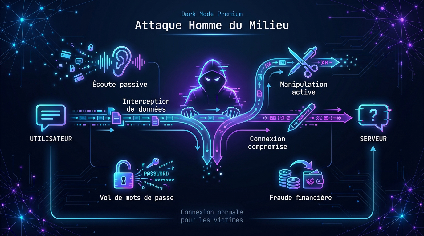 Infographie expliquant le fonctionnement d'une attaque Man-in-the-Middle avec interception de données