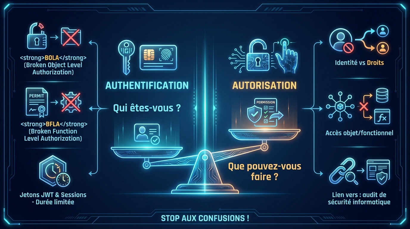 Infographie expliquant la différence entre authentification et autorisation pour la sécurité des API