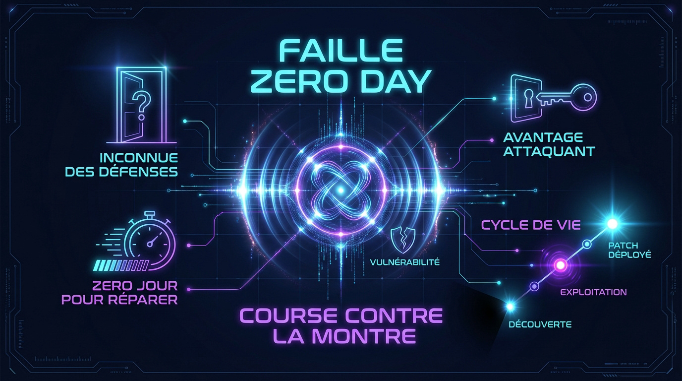 Infographie expliquant le fonctionnement d'une faille zero day et le cycle de réaction