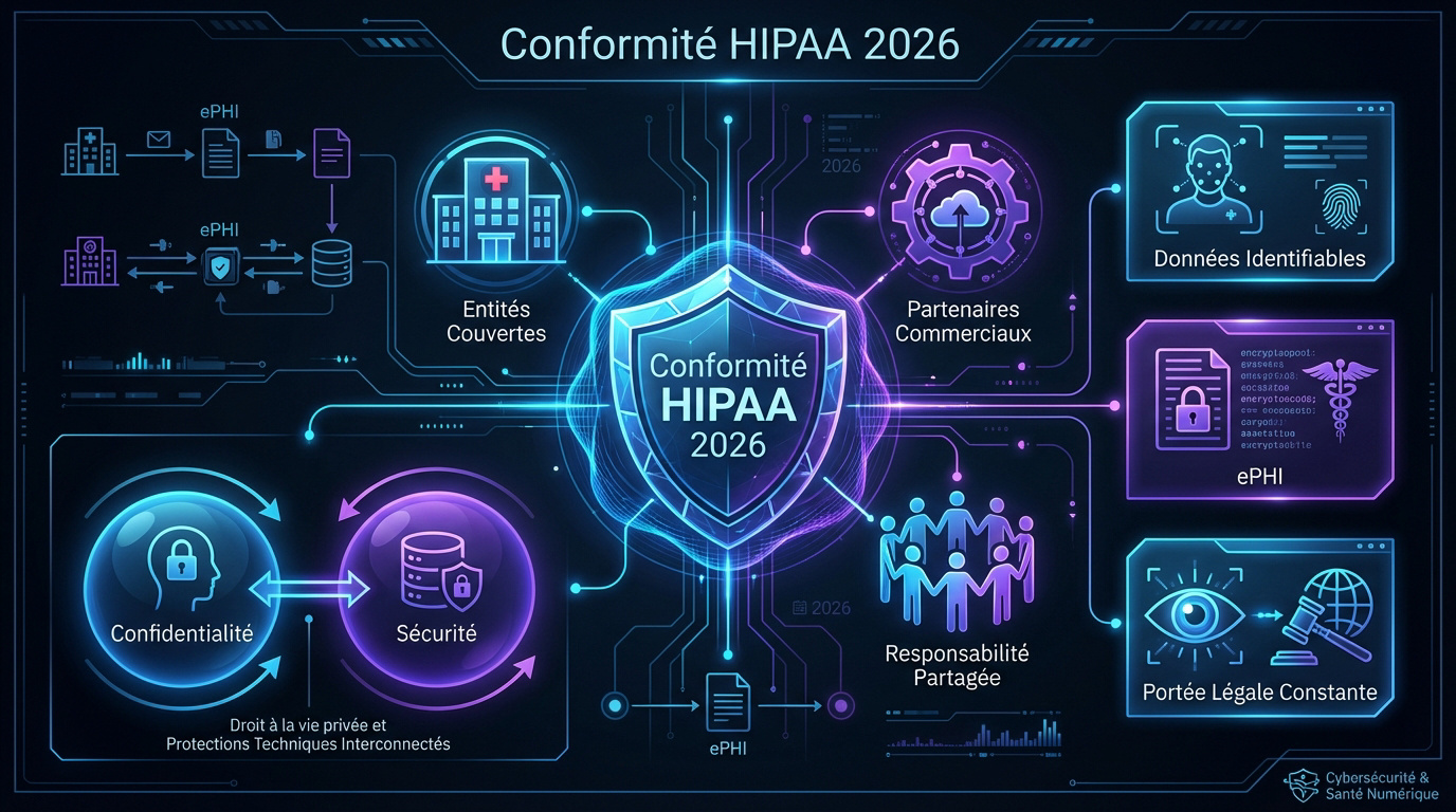 Infographie détaillant les piliers de la conformité HIPAA et la cybersécurité en 2026