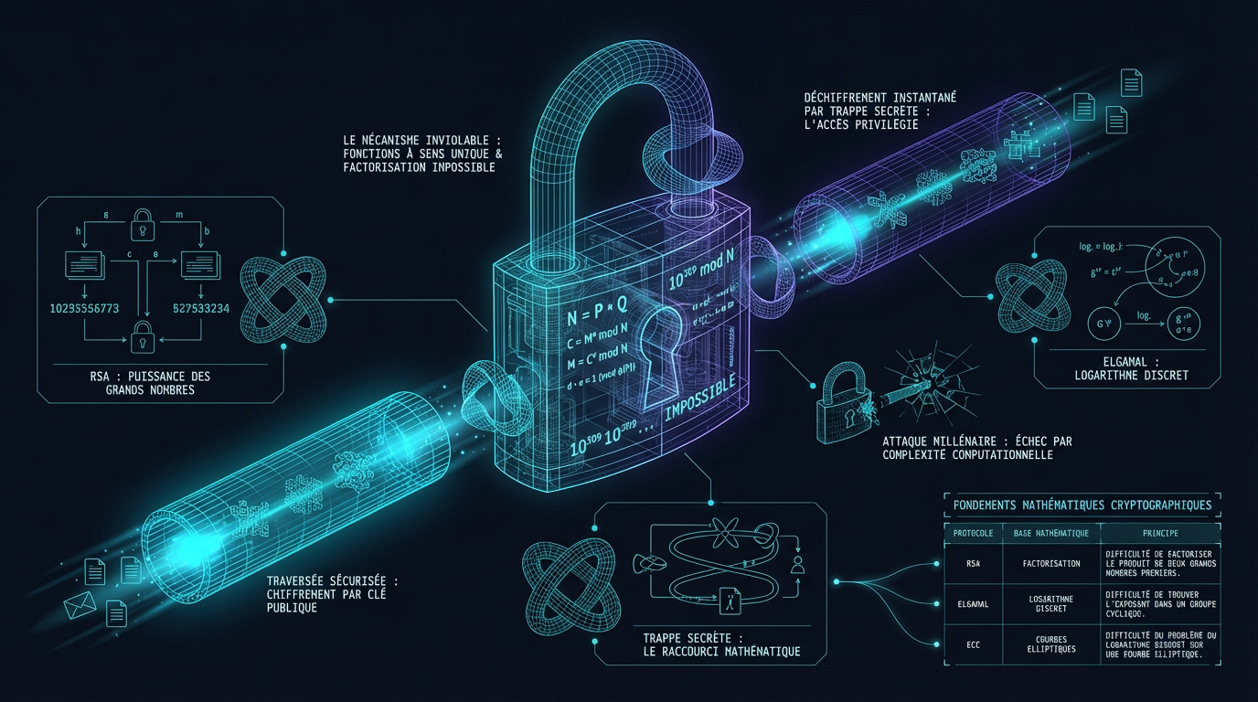 Infographie expliquant les verrous mathématiques de la cryptographie asymétrique