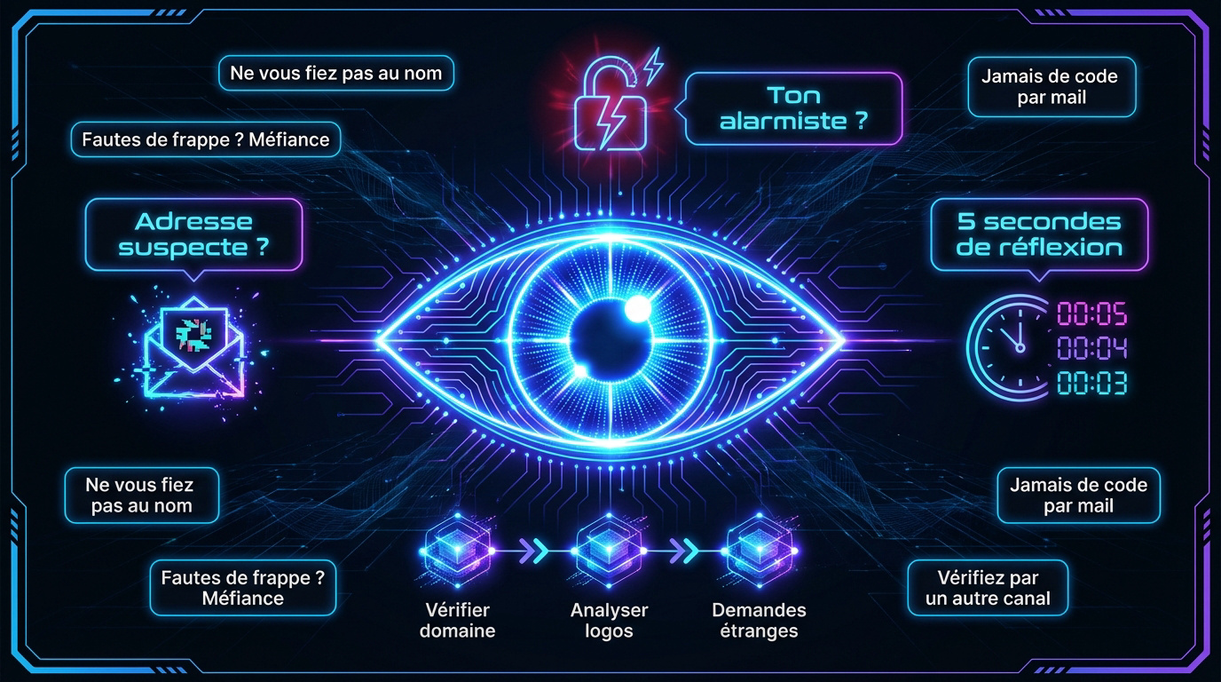 Infographie montrant les points de contrôle pour identifier un email frauduleux