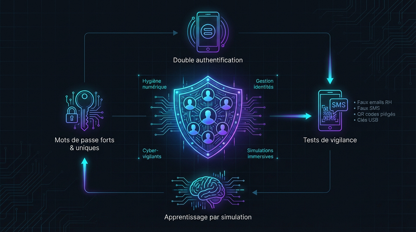 Infographie sur les réflexes de vigilance et la protection contre les cybermenaces en entreprise