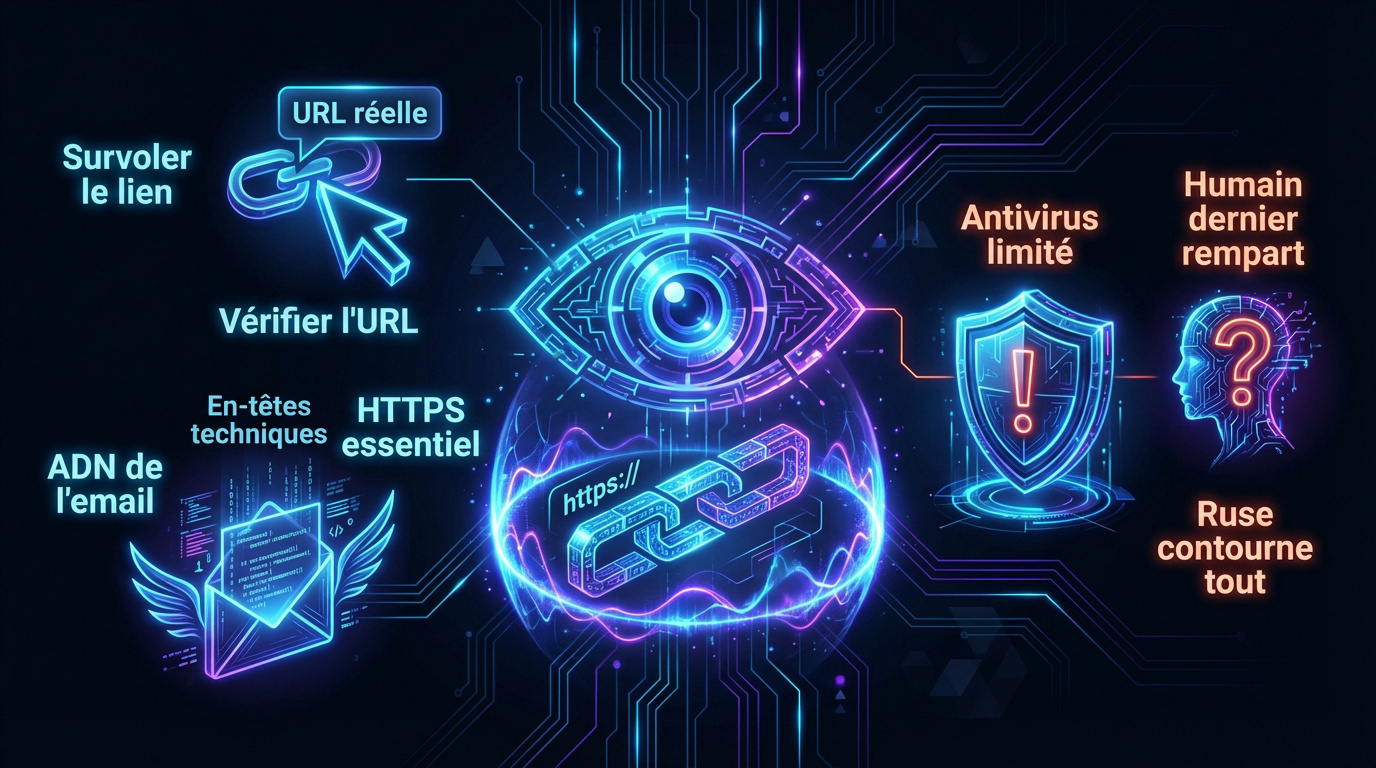 Infographie sur la vigilance numérique et la validation des liens de phishing email sécurité
