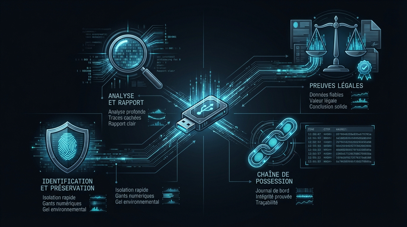 Infographie détaillant les étapes de l'analyse forensique numérique et la collecte de preuves