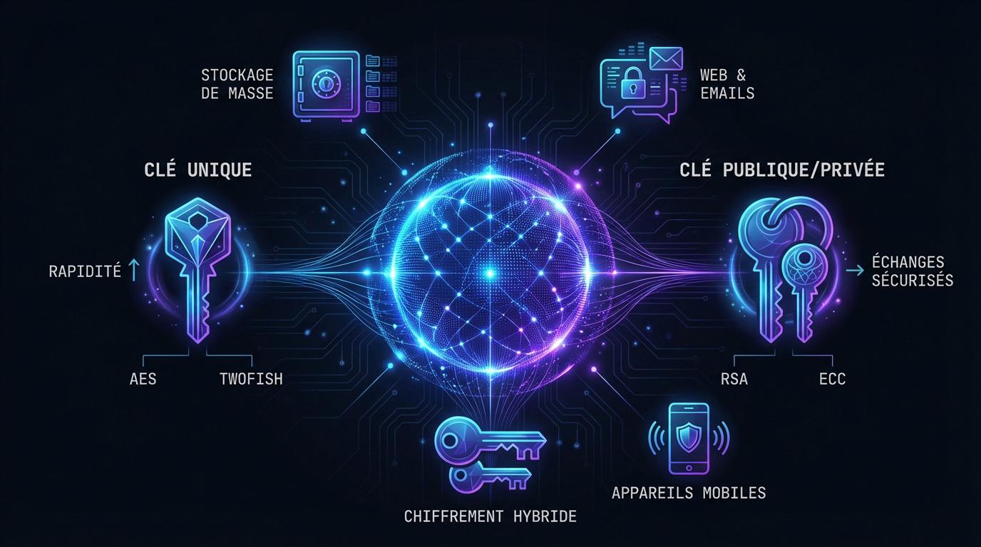Infographie expliquant le fonctionnement des clés de chiffrement symétriques et asymétriques pour la sécurité des données
