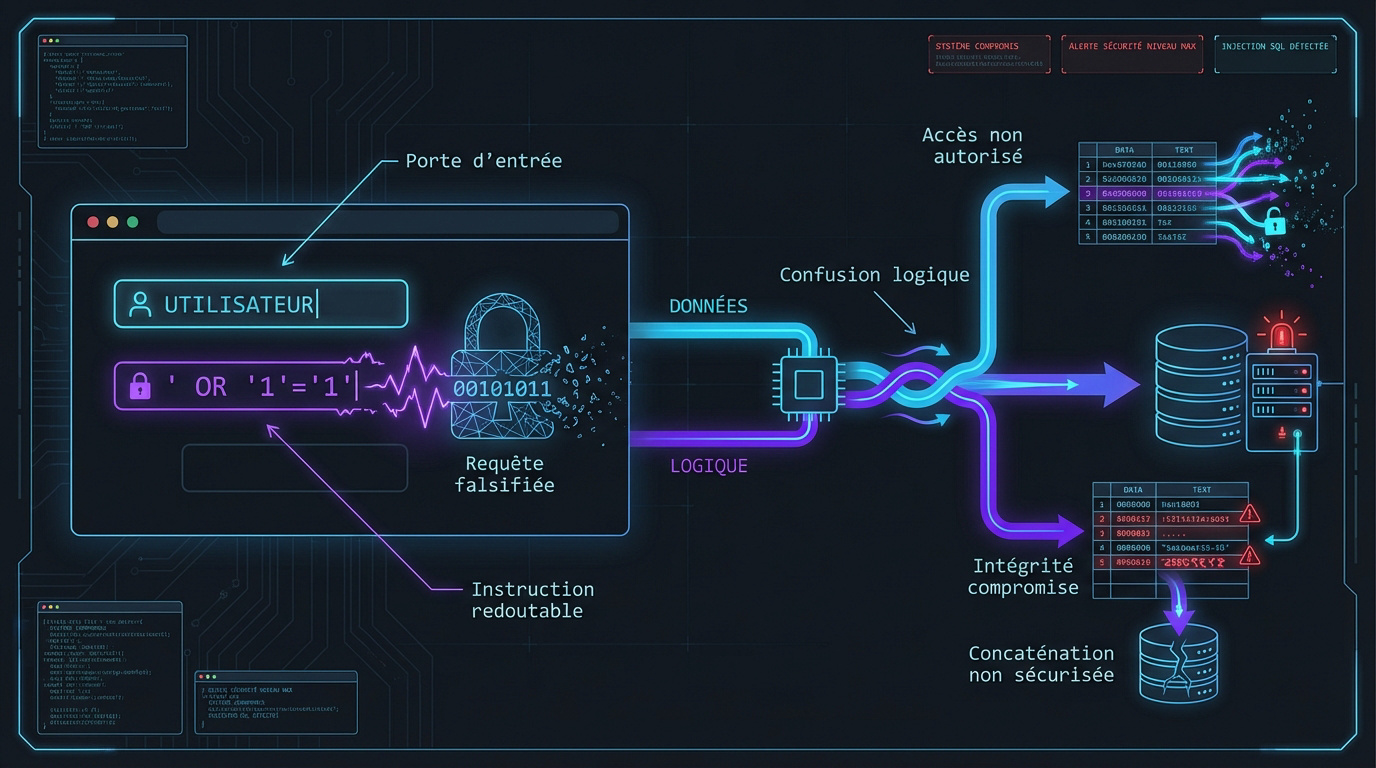 Infographie expliquant le fonctionnement d'une injection SQL et les risques pour la sécurité des données