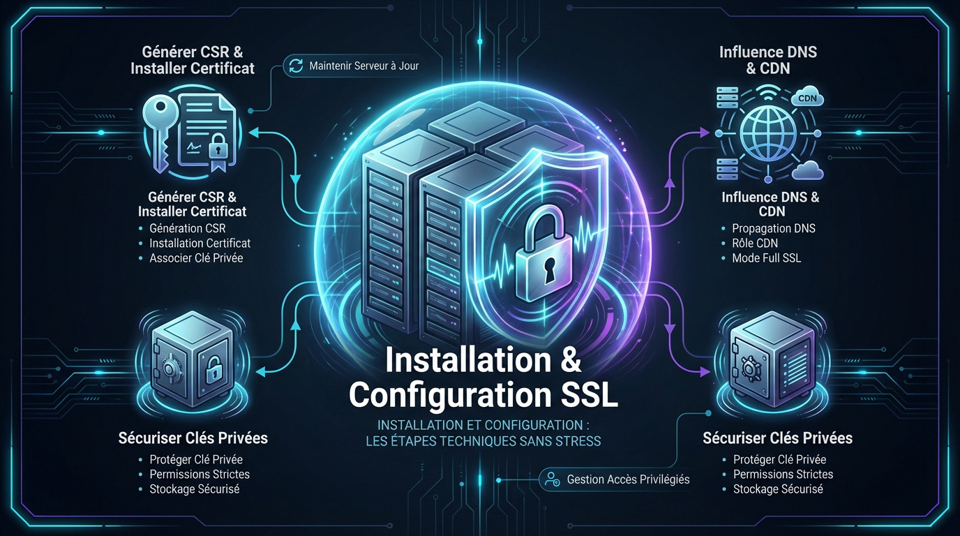 Infographie expliquant les étapes d'installation et de configuration d'un certificat SSL sur un serveur