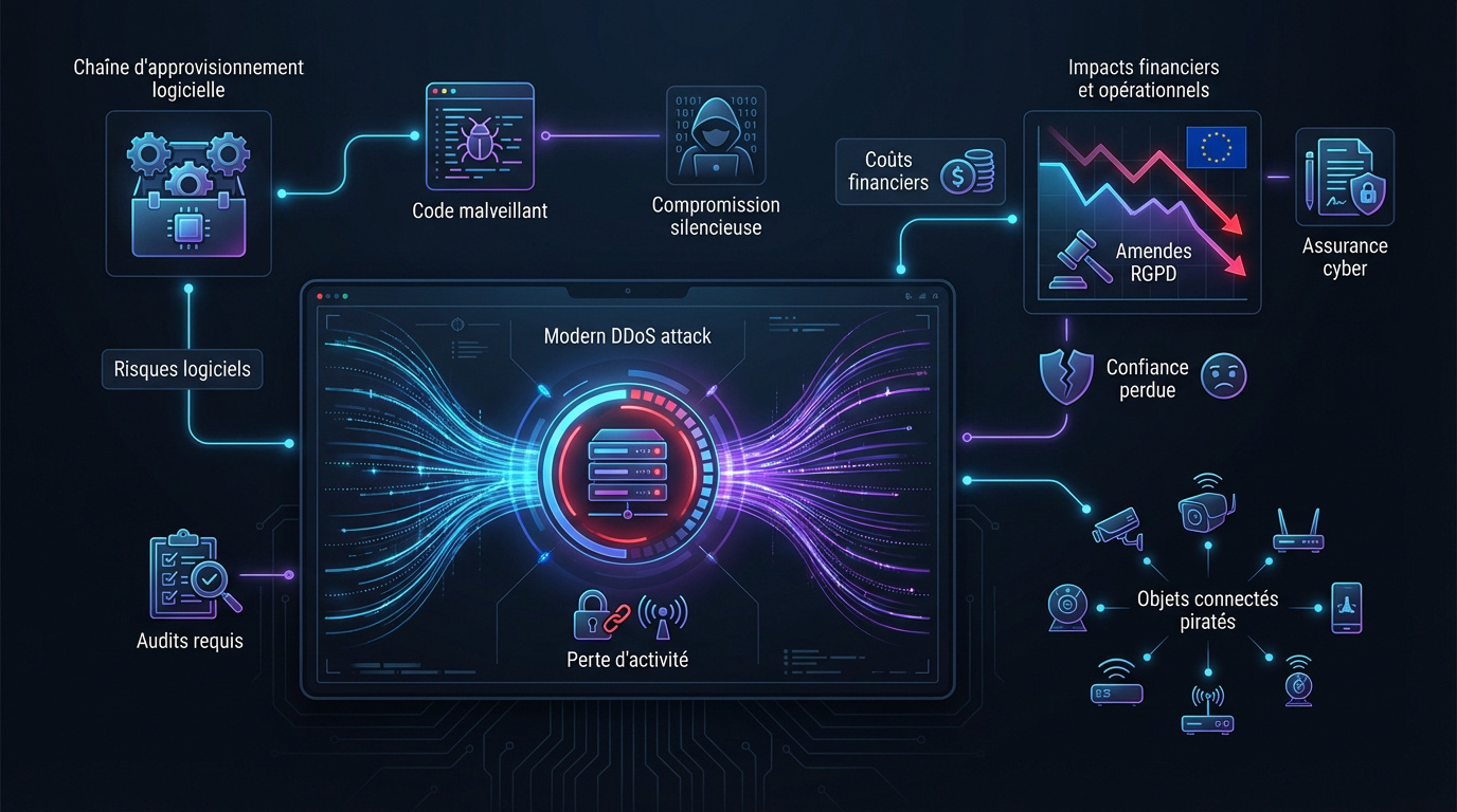 Infographie détaillant les menaces informatiques actuelles et leurs conséquences sur les entreprises