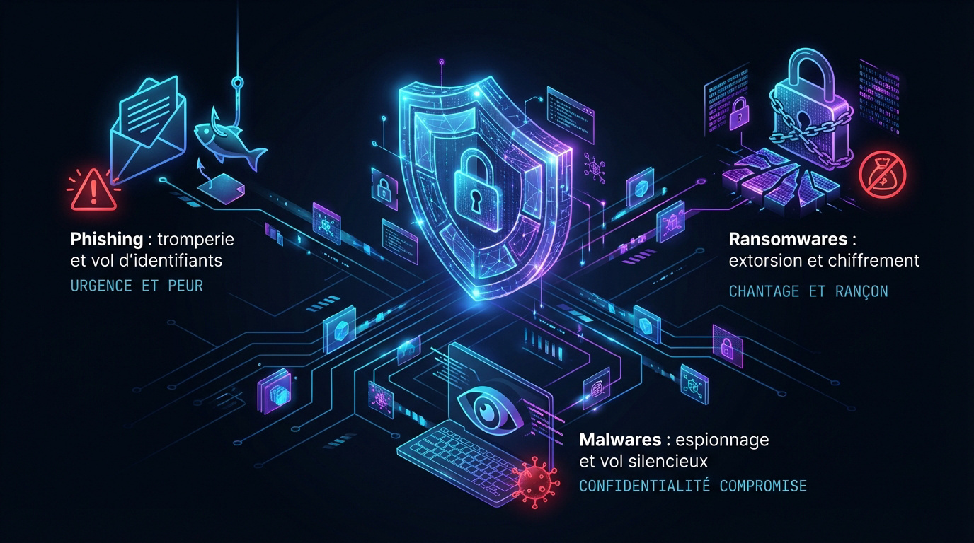 Infographie présentant les menaces de phishing, ransomware et malware en cybersécurité