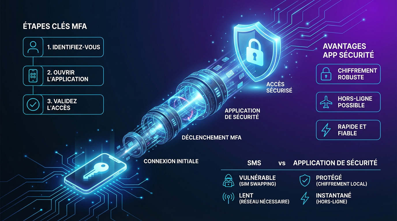 Infographie expliquant la sécurité accrue de l'authentification multifacteur via les applications mobiles