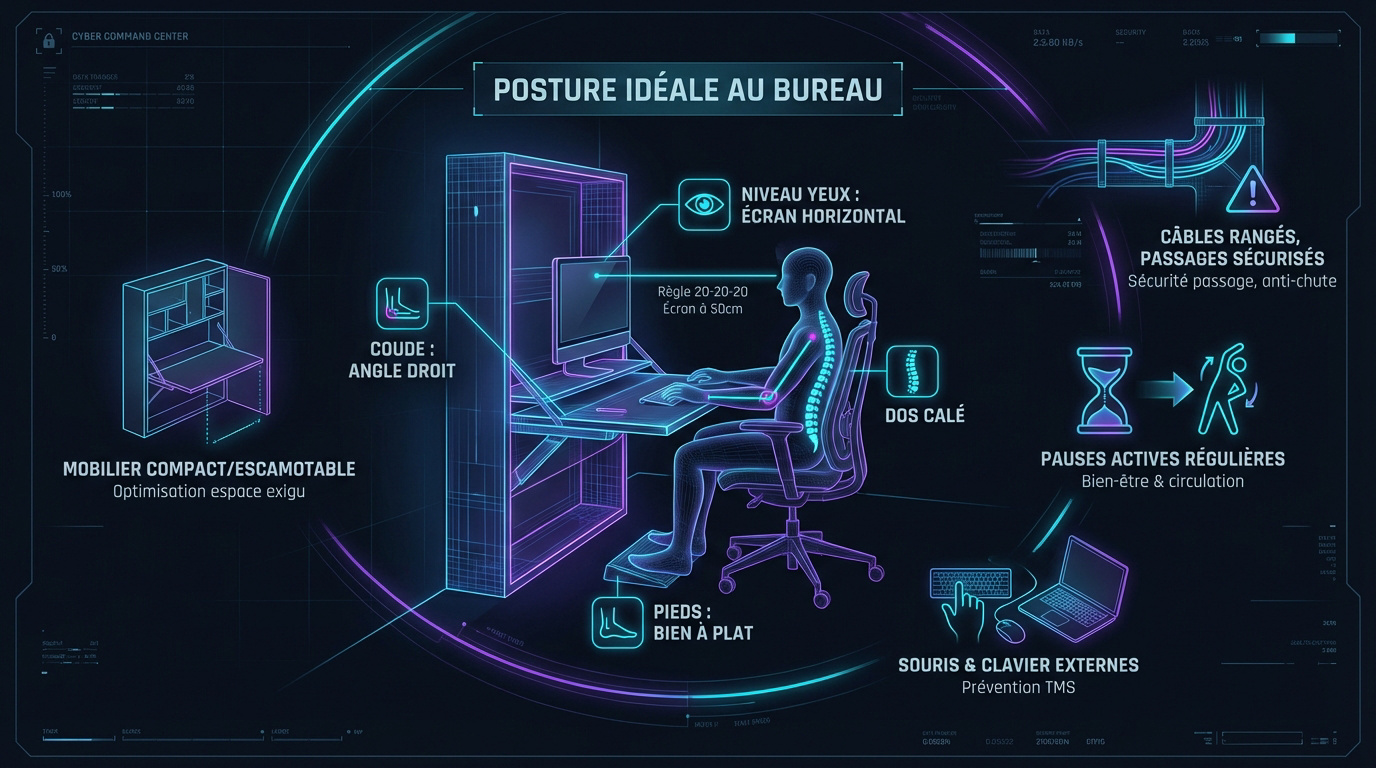 Infographie montrant la posture ergonomique idéale pour le télétravail avec écran à hauteur des yeux et dos droit