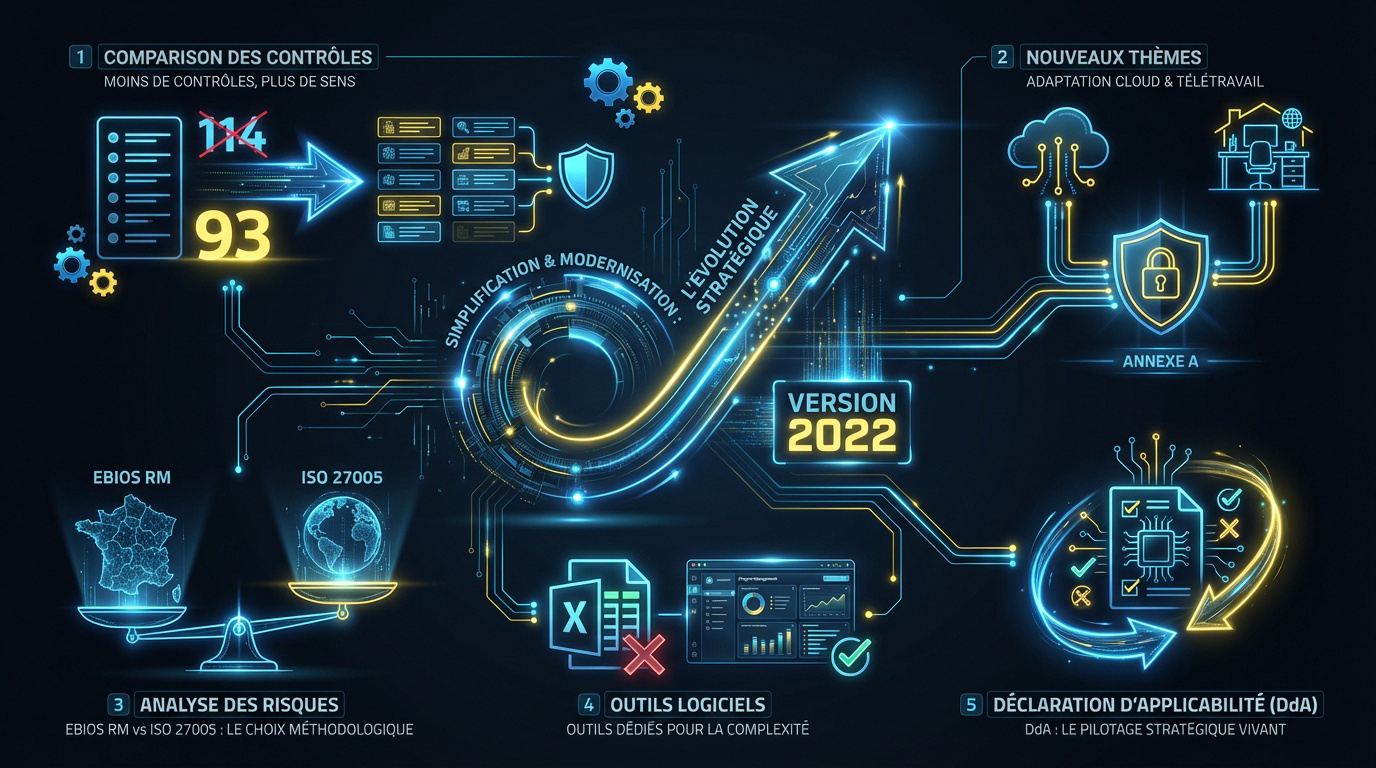 Infographie sur la simplification et la modernisation stratégique de la norme ISO 27001 version 2022