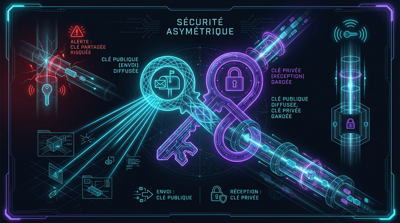 Infographie expliquant le fonctionnement de la cryptographie asymétrique avec clés publiques et privées