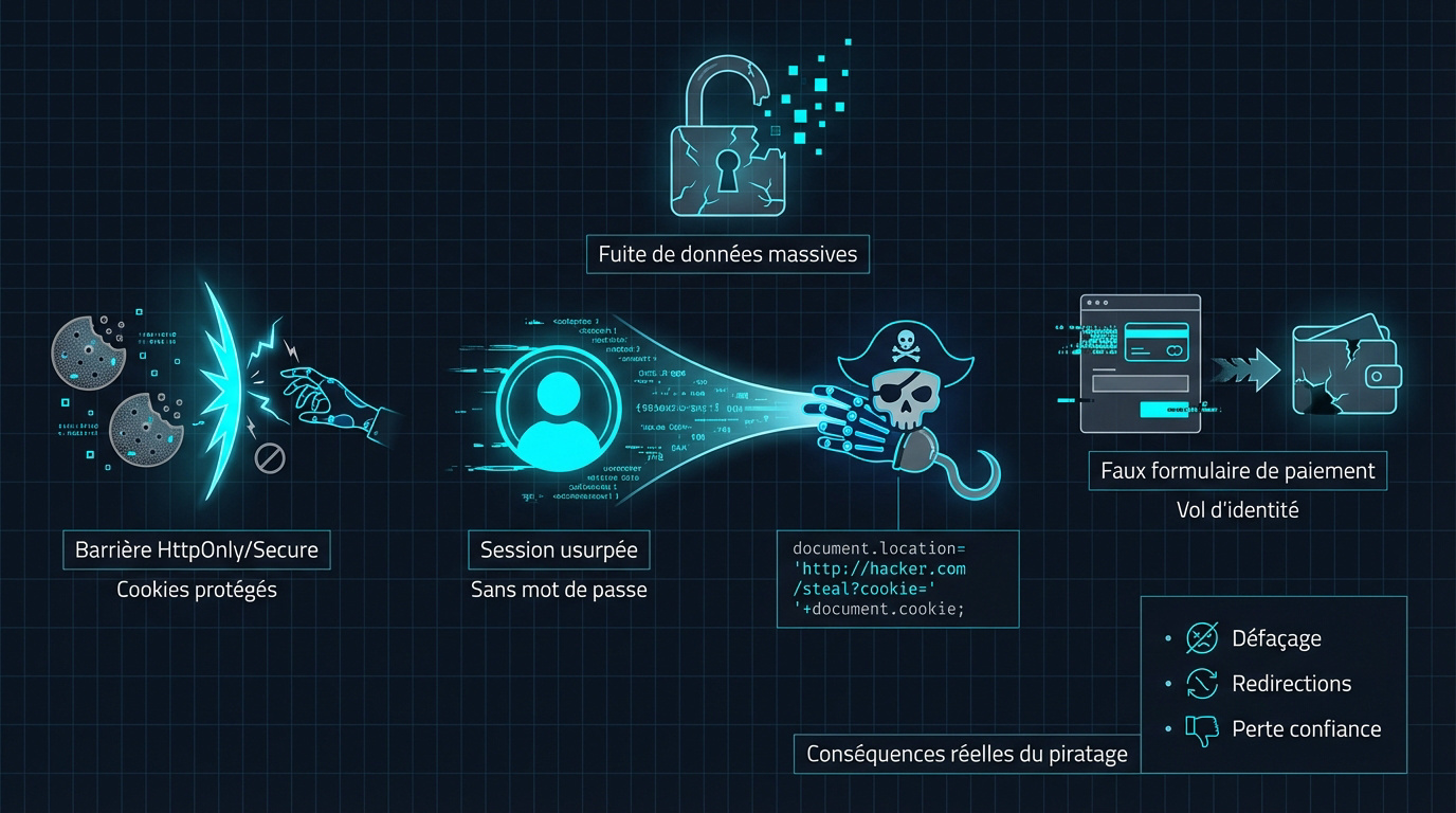 Infographie détaillant les risques de piratage et l'impact du XSS sur la sécurité des données
