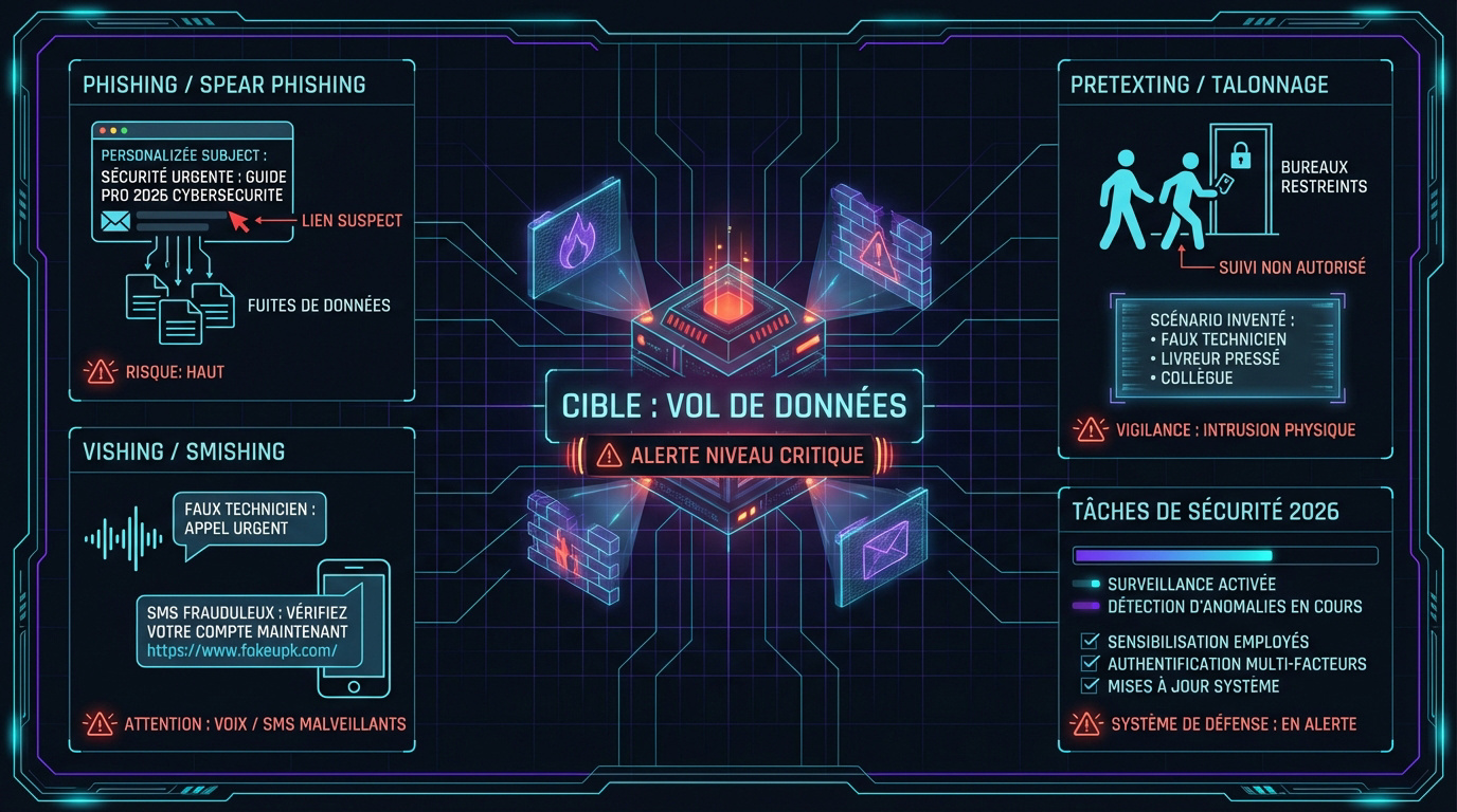 Infographie présentant les techniques d'ingénierie sociale comme le phishing et le vishing